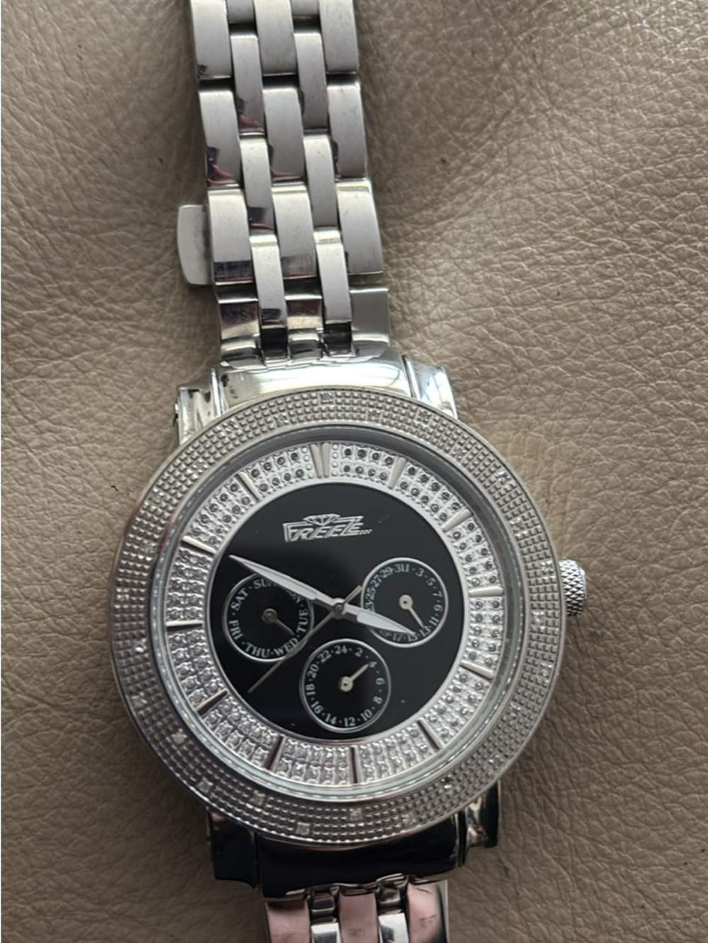 Freeze Silver Tone Watch with Black Dial and Crystal Accents